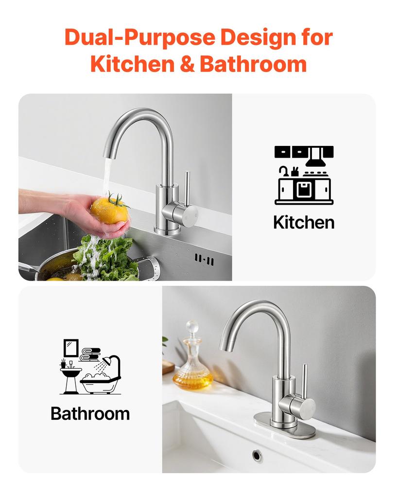 VEVOR Single Handle Sink Faucet, Brushed Nickel Single Handle Bathroom Faucet, Kitchen Water Faucets with Anti-Splash Aerator, Suitable for Bathroom