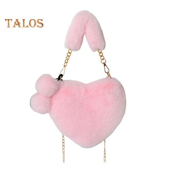 Женская сумка через плечо, однотонная, с пушистым искусственным мехом, в форме сердца, с застежкой-молнией на полой цепочке, женская зимняя сумка для путешествий, поездок на работу, свиданий