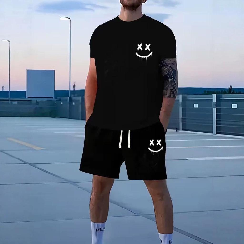 Smiley Face Print 2026 Short-Sleeve Tee & Shorts Set - Sports/Casual