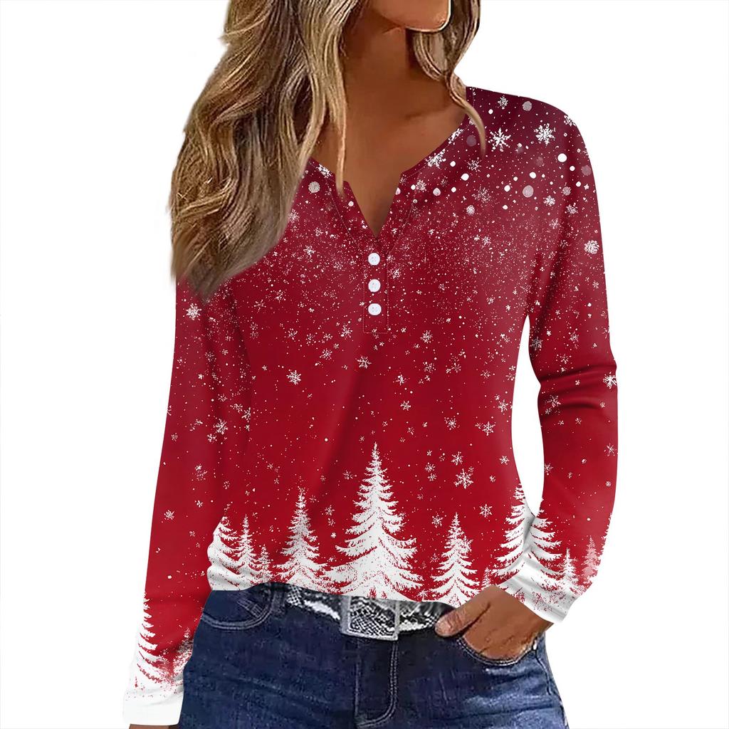 Женская футболка с рождественским принтом на пуговицах с длинным рукавом, повседневная, выходного дня, модная, базовая, с V-образным вырезом, обычная