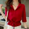 WTEMPO Spring Summer Women's Versatile Solid Color Turn-down Collar Half Sleeve Chiffon Shirts Casual Shirring Single-breasted Blouses