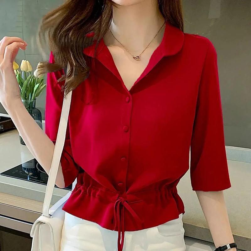 WTEMPO Spring Summer Women's Versatile Solid Color Turn-down Collar Half Sleeve Chiffon Shirts Casual Shirring Single-breasted Blouses