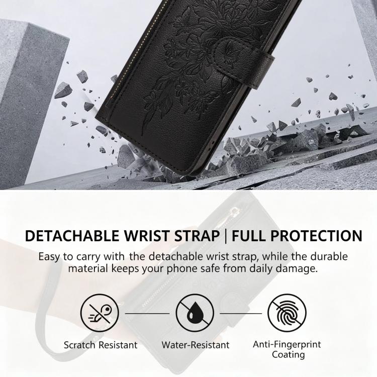 Butterfly Flower Zipper Wallet Vegan Leather Phone Case with Strap For iPhone 15 Pro Max
