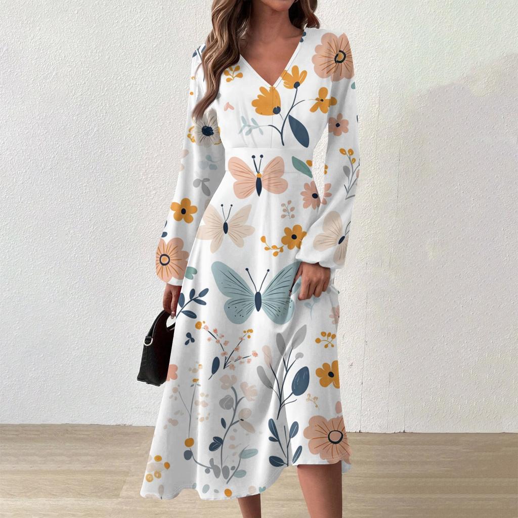 Women's Casual Fashion V-Neck Long Sleeve Floral Print Long Dress