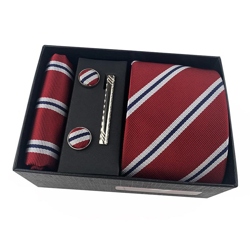 Men'S Striped Flower Plaid Tie Square Towel Cuffs Tie Clip Gift Box Set Business Casual Tie Black