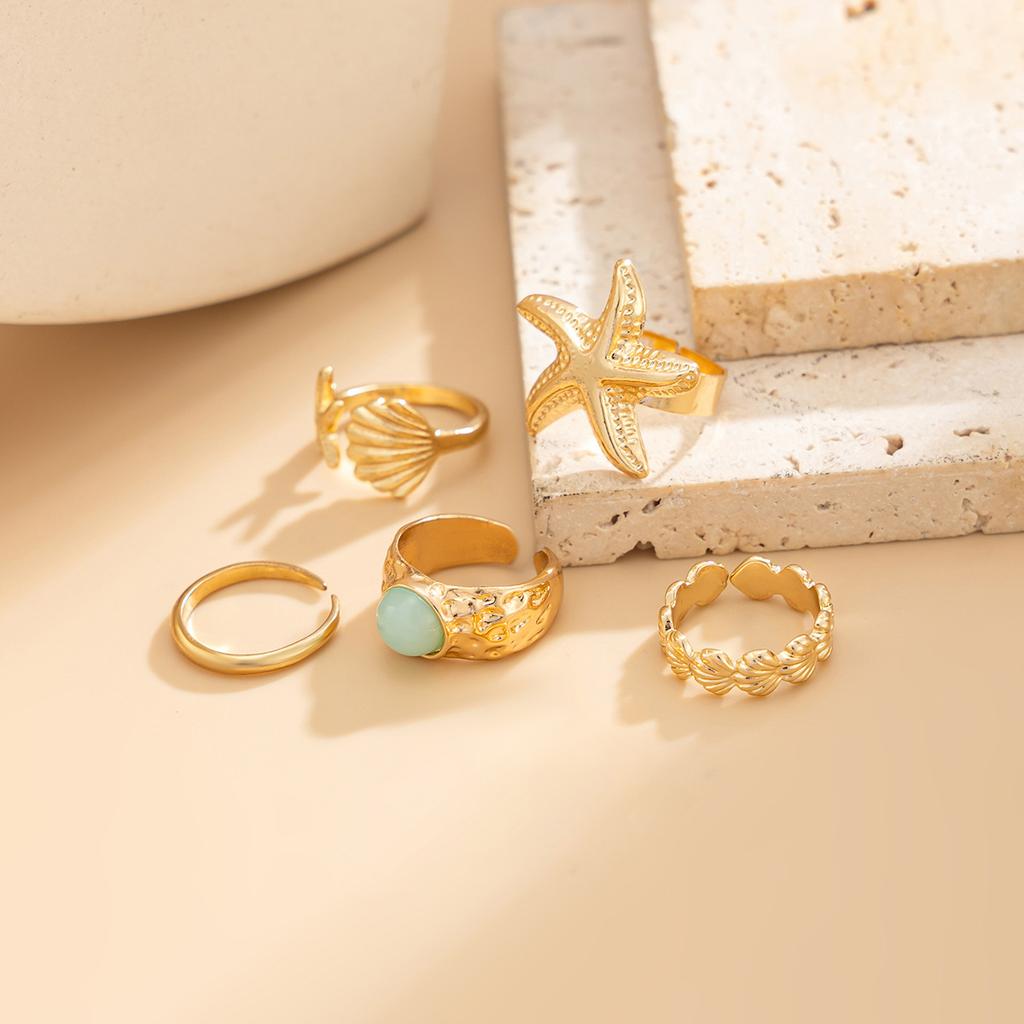 Baroque Imitation Pearl Inlaid Gemstone Foot Ring Set, Creative Metal Flower Layered Finger Ring