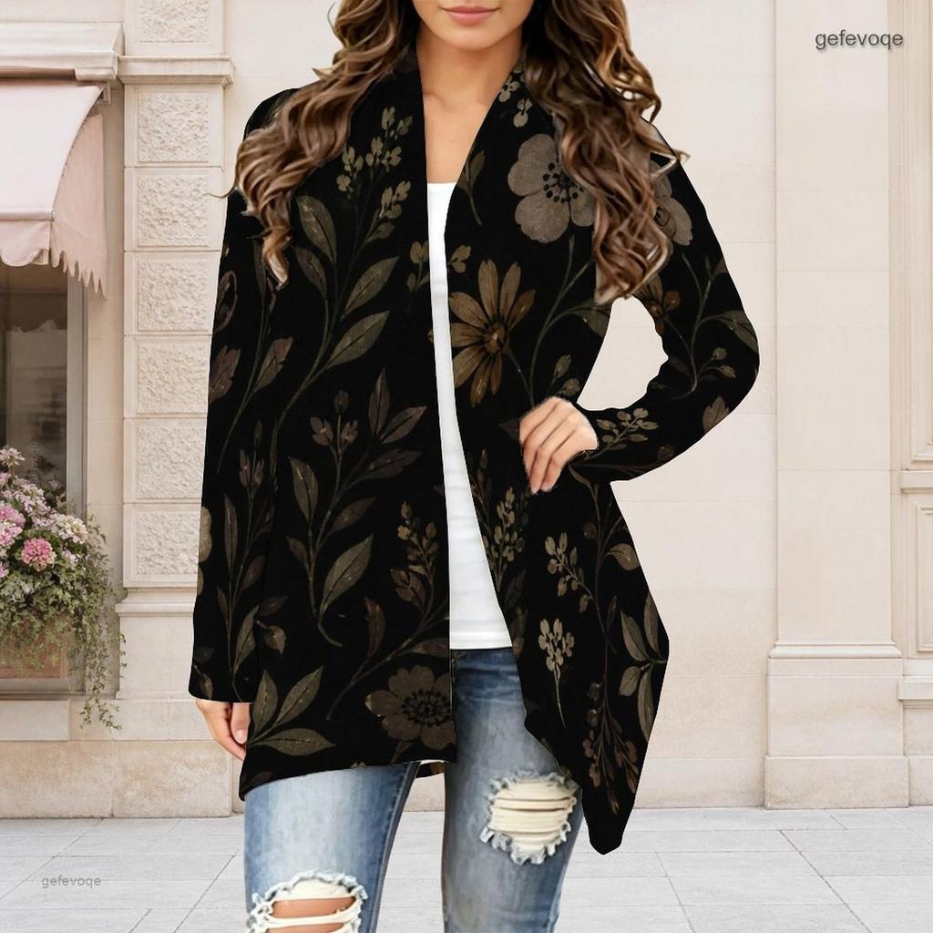 Women Plus Size Open Front Long Sleeve Draped Collar Floral Printed Black Curved Hem Cardigan