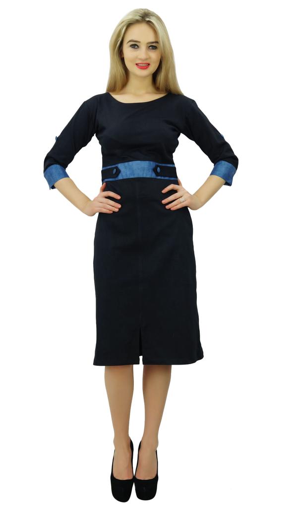 Bimba Женское элегантное платье прямого кроя с рукавами 3-4 темно-синего цвета, официальная одежда