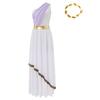 Womens Ancient Greek Dance Dress One Shoulder Chiffon Overlay Vintage Trim Tunic Dress Artificial Leaf Garland Headwear