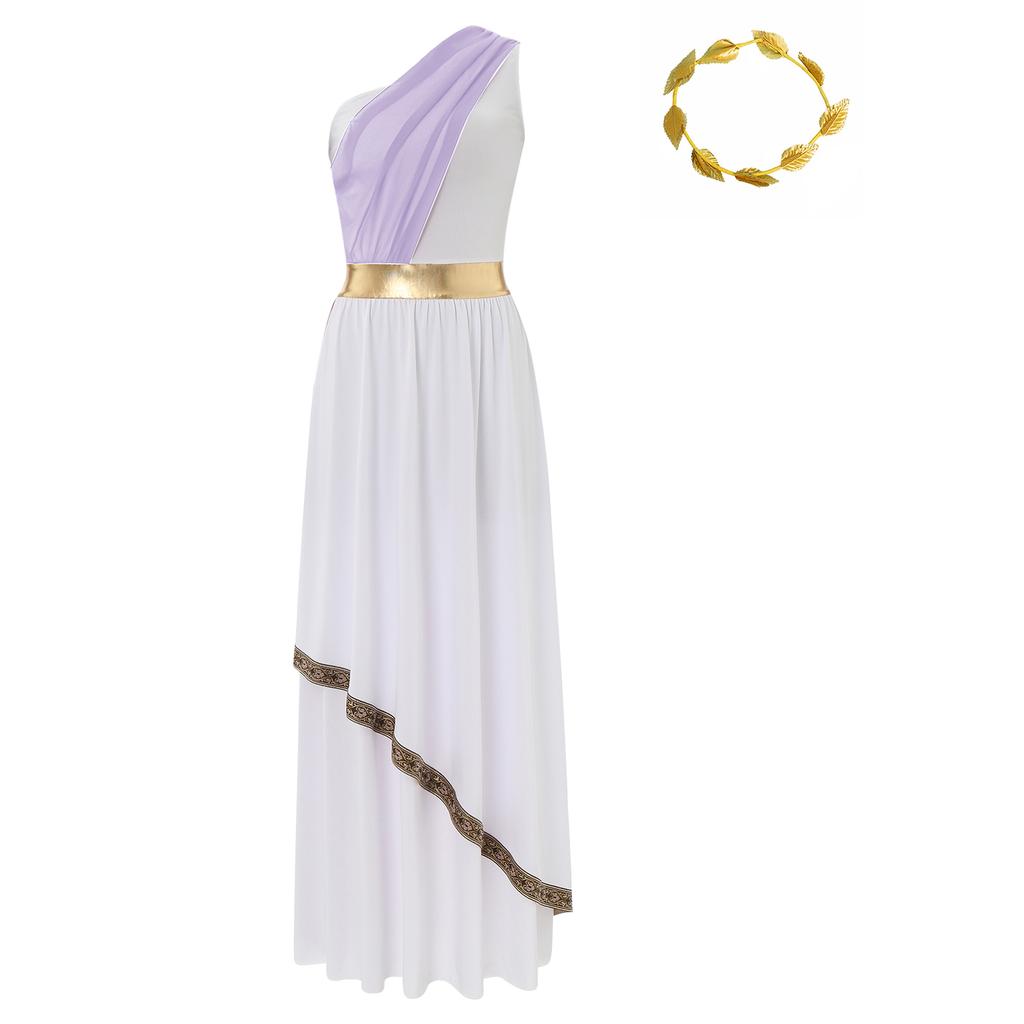 Womens Ancient Greek Dance Dress One Shoulder Chiffon Overlay Vintage Trim Tunic Dress Artificial Leaf Garland Headwear