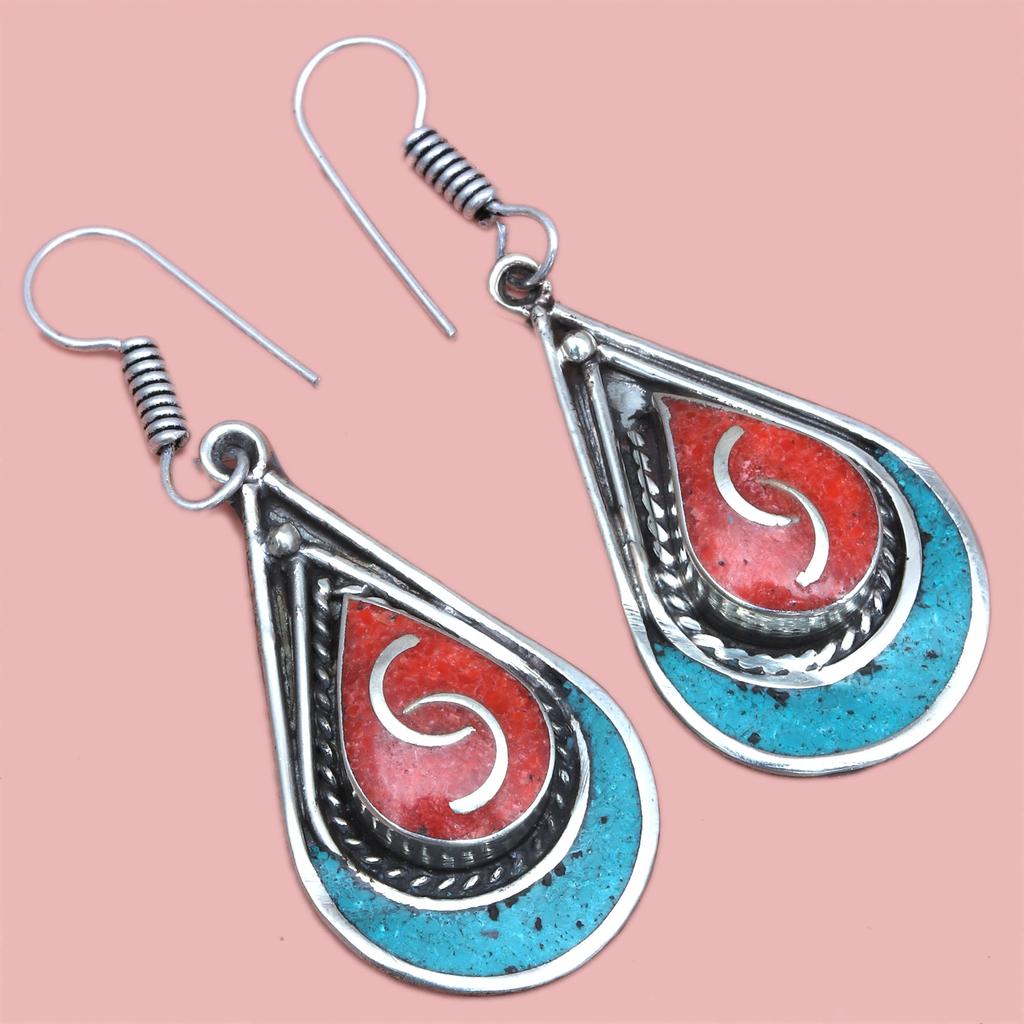 Nepali Tibetan Turquise Lapis Lazuli Gemstone Silver Jewelry Earring 1.5''