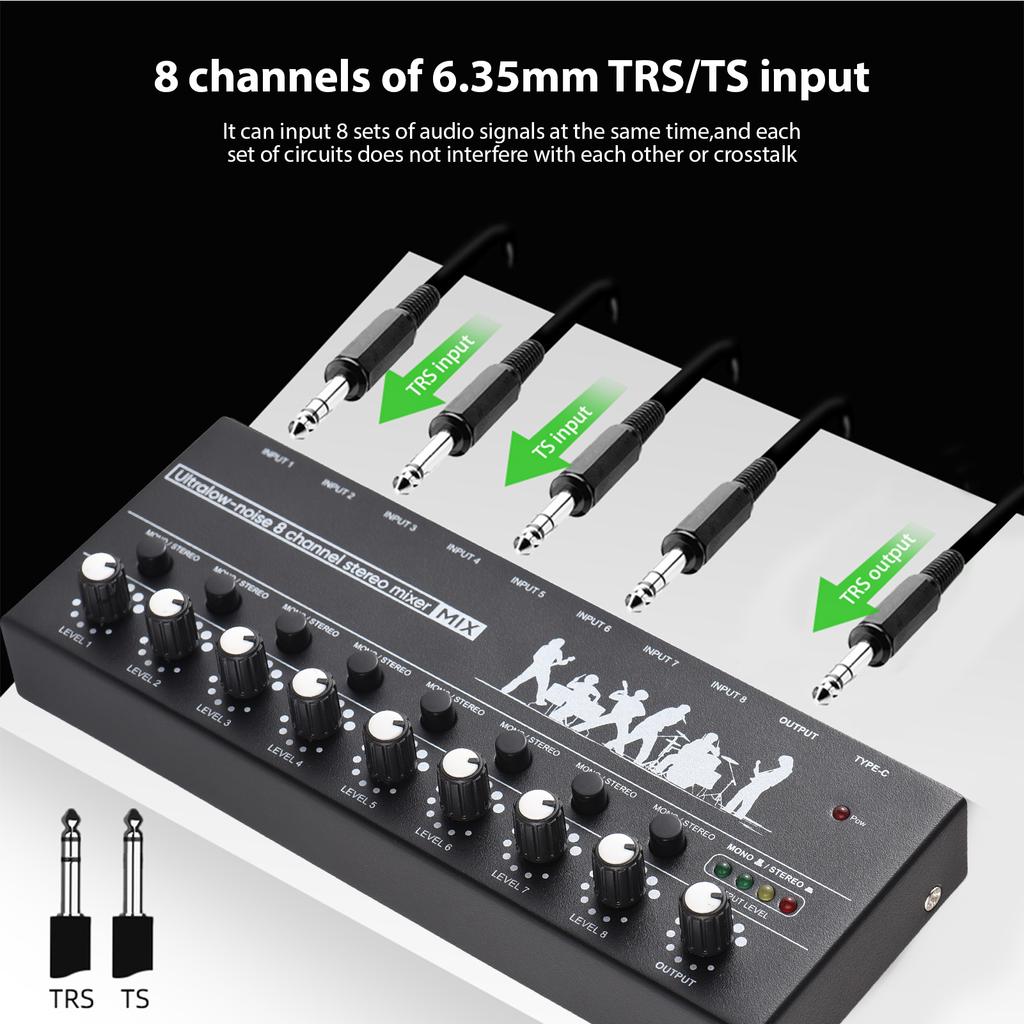8-канальный аудиомикшер с переключением моно/стерео и индикатором уровня 6,35 мм TRS/TS