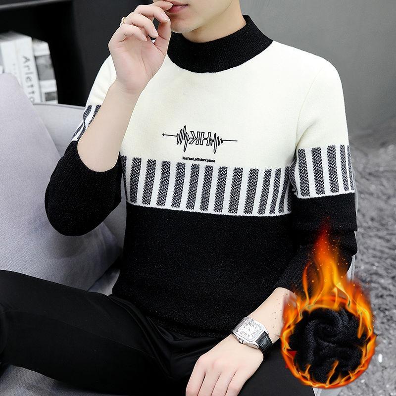 Men's Autumn Winter Turtleneck Flocking Letter Pullover Solid Long Sleeve Sweater Knitted Casual Undershirt Vintage Loose Tops