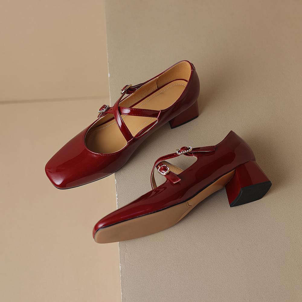 Genuine Leather Black Wine Red Women Pumps Med Heel Small Big Size 31 48