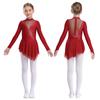 Kid Girls Figure Ice Skating Dress Long Sleeve Irregular Hem Leotard Dress Stage Performance Costume