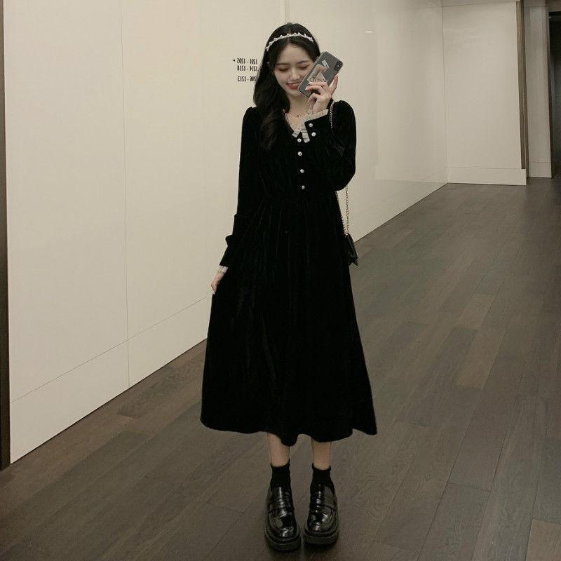 2025 Spring Women's Black Long Sleeve Slimming Dress