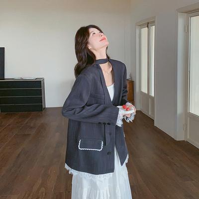 Серый блейзер-стример женский весенний новый супер красивый дизайн с кружевной отделкой темпераментный костюм