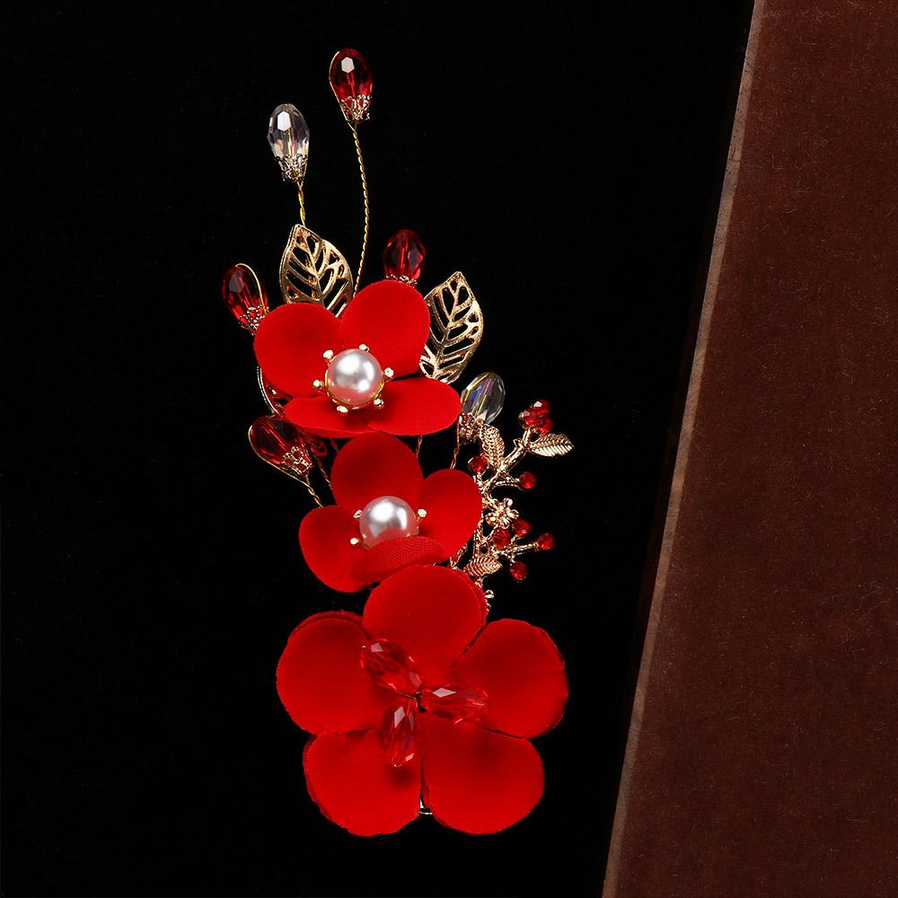 Red Flower Pearl Bride Duckbill Clips Festival Hairpins Chinese Hanfu Hair Clips Women Barrettes