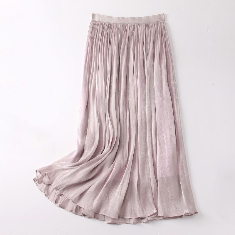 Qooth Women Gentle Solid Color Pleated Skirt Casual Elastic Waist Colorful A-line Skirt For Spring Summer QT2416