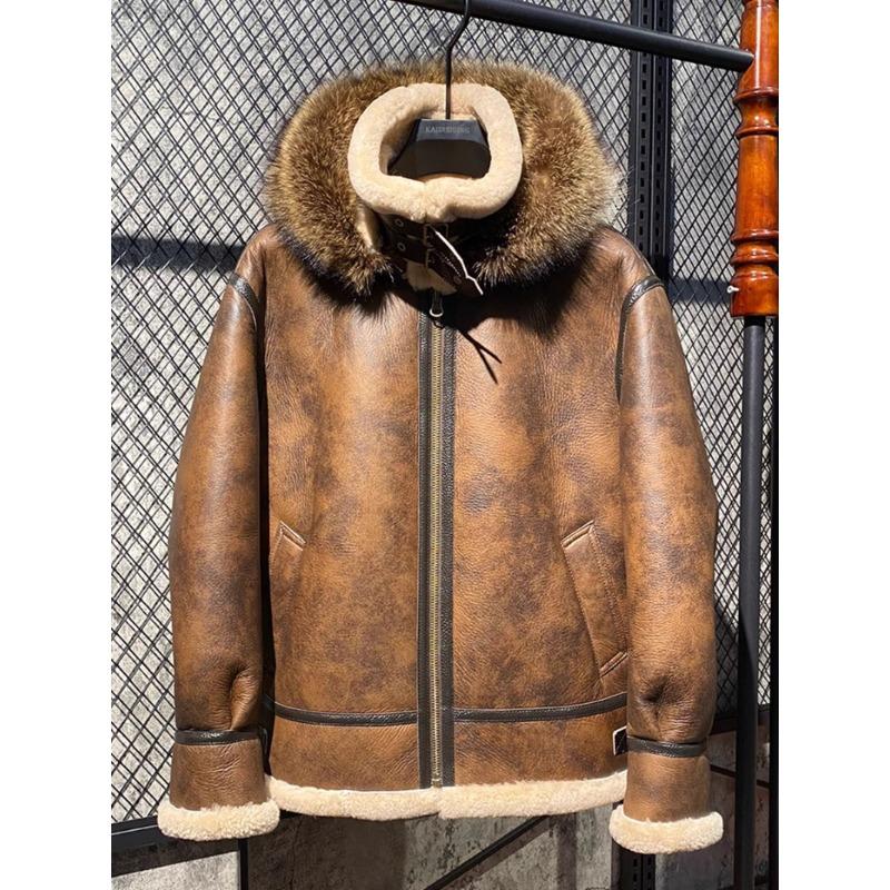 Genuine Sheepskin Leather B3 Bomber Jacket Mens Winter Fur Lined Thick Warm Flying Coat