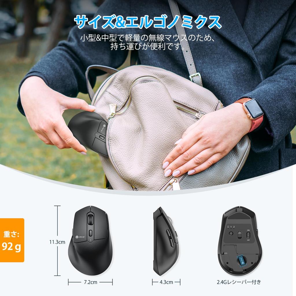 Беспроводная мышь iClever Jiggler, Bluetooth 5.0 2.4 ГГц (Приемник включен), Перезаряжаемый Type-C с двумя режимами, кнопки Вперед/Назад, легкий, тихий левый