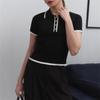 Women Short Tops Patchwork Color Short-Sleeve Lapel Tops with Buttoned Neckline Regular Fit Knitting Tops