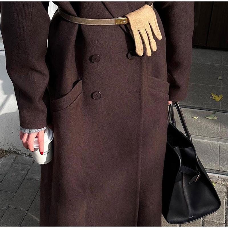 Модное женское пальто с отложным воротником и карманами, длинный рукав, длинное двубортное пальто, осень-зима, новая женская куртка