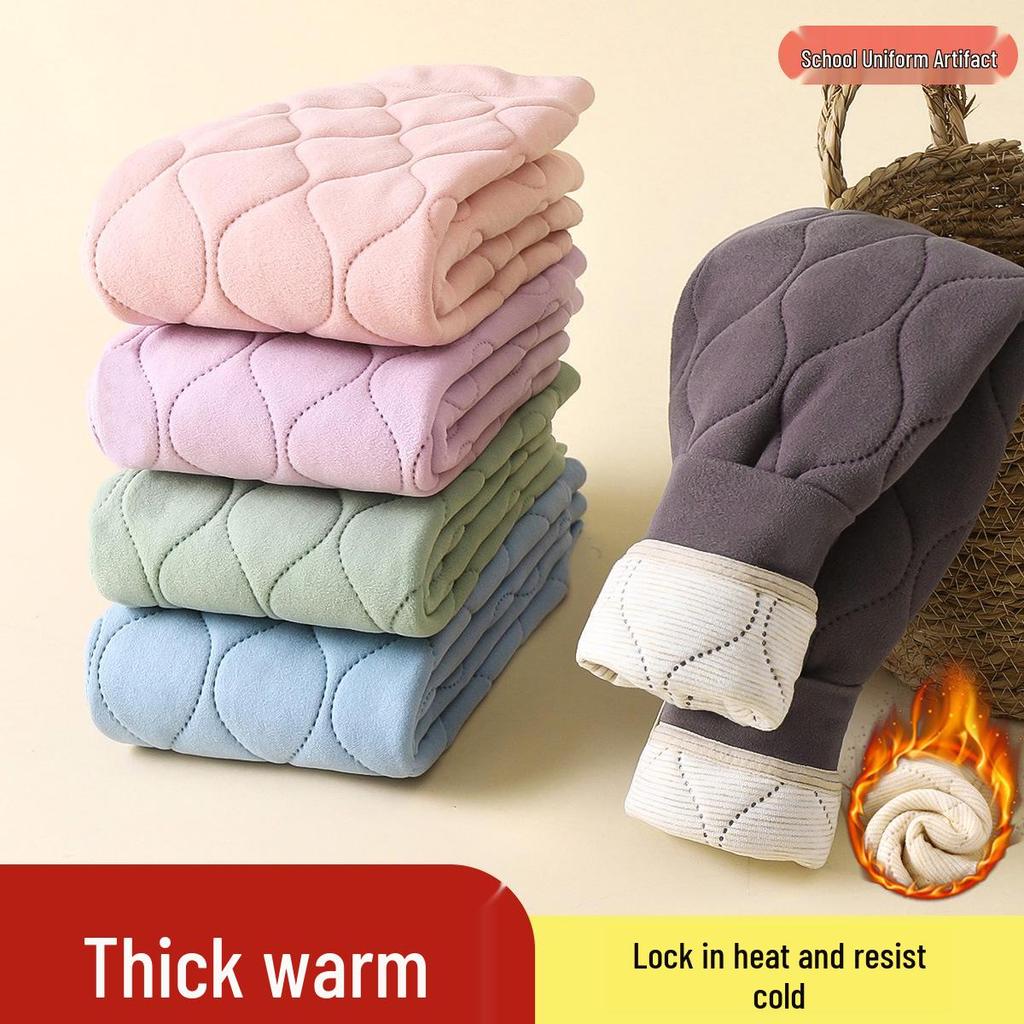 Kids' Quilted Fleece-Lined Thermal Pants - Warm, Thickened, Unisex, Autumn/Winter School Uniform.