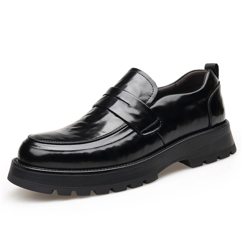 Men Slip-On Loafer Dress Shoes Black Leather Chunky Thick Sole Round Toe Business Casual Non-Slip Walking Office Shoes For Man
