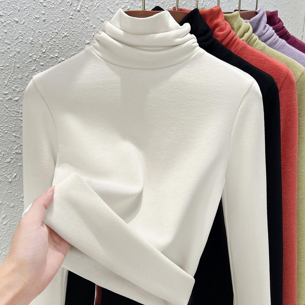 Autumn and Winter Women's Clothing Containing Wool and Silk Bottoming Shirt Women's Inner Heating Fleece Warm Turtleneck Top with Fleece and Thicker