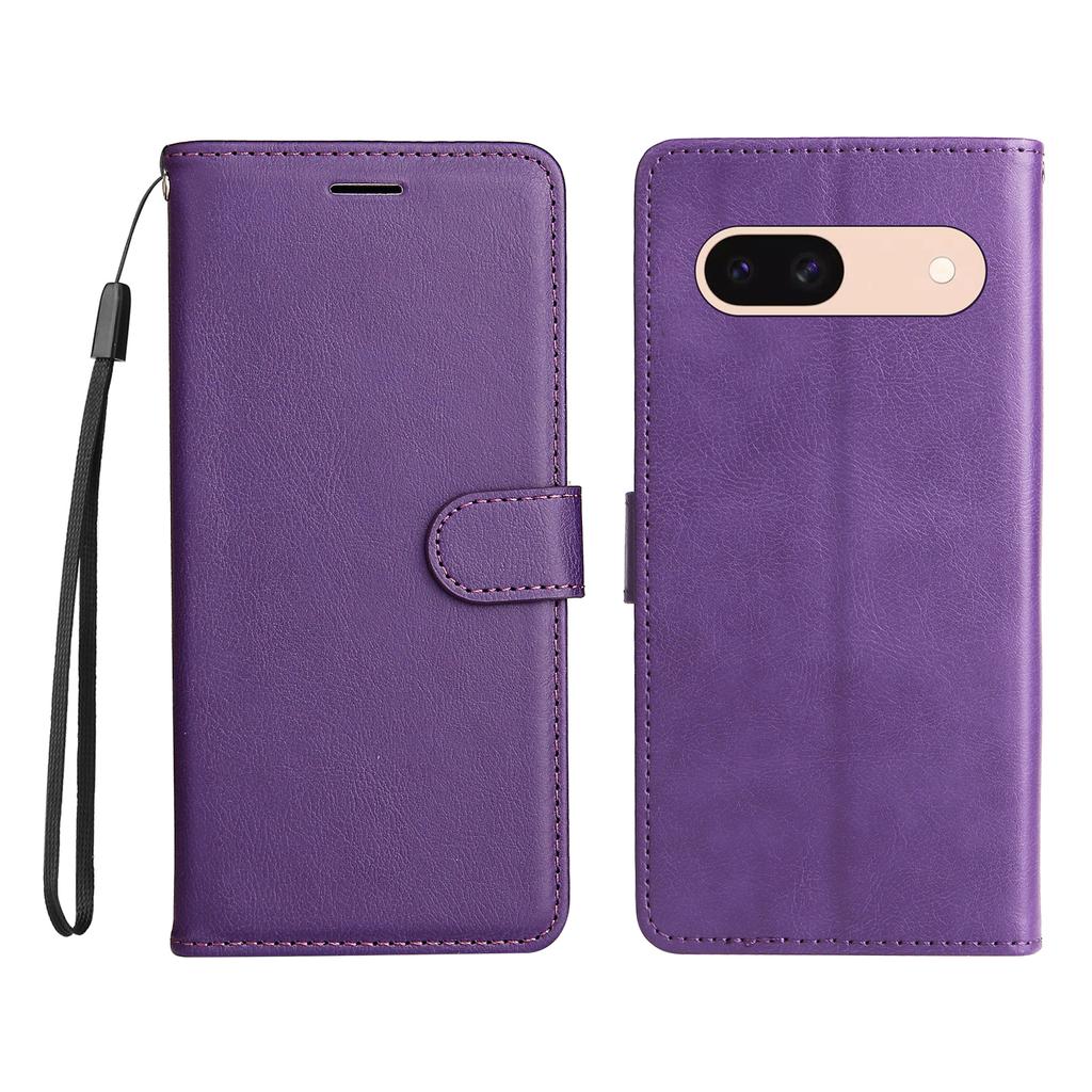 For Google Pixel 8a Leather Wallet Case with Strap Solid Color Phone Stand Cover