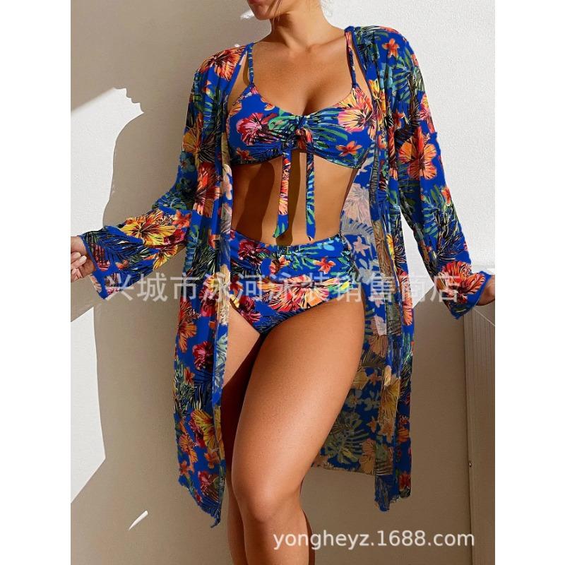 Богемный принт Сексуальные женские пляжные бикини Комплект из трех предметов Бикини Накидка Купальник Купальник с высокой талией Женский купальник 2025