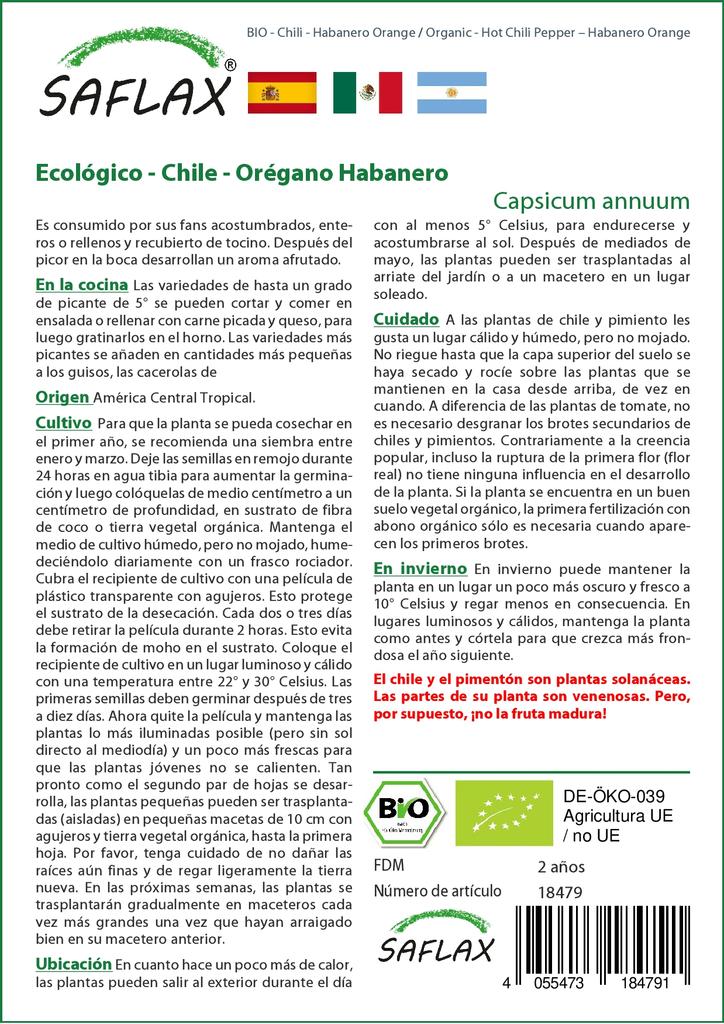 SAFLAX Garden in the Bag - Органический - Острый перец чили - Апельсин Хабанеро - 20 семян - С субстратом в подходящем стоячем пакете - Capsicum annuum