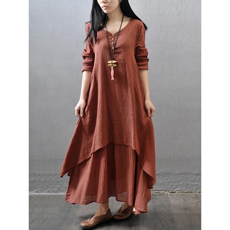 Винтажное летнее бохо миди платье женское элегантное однотонное многослойное платье с длинным рукавом модное свободное повседневное платье с V-образным вырезом Vestidos