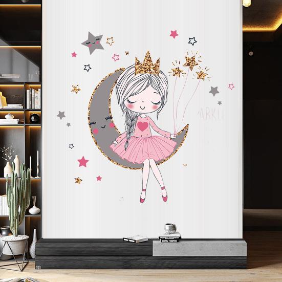 Наклейка на стену со звездой и луной для девочек, водостойкая самоклеящаяся ПВХ-наклейка, современная гостиная, детская спальня, настенное художественное украшение, наклейка