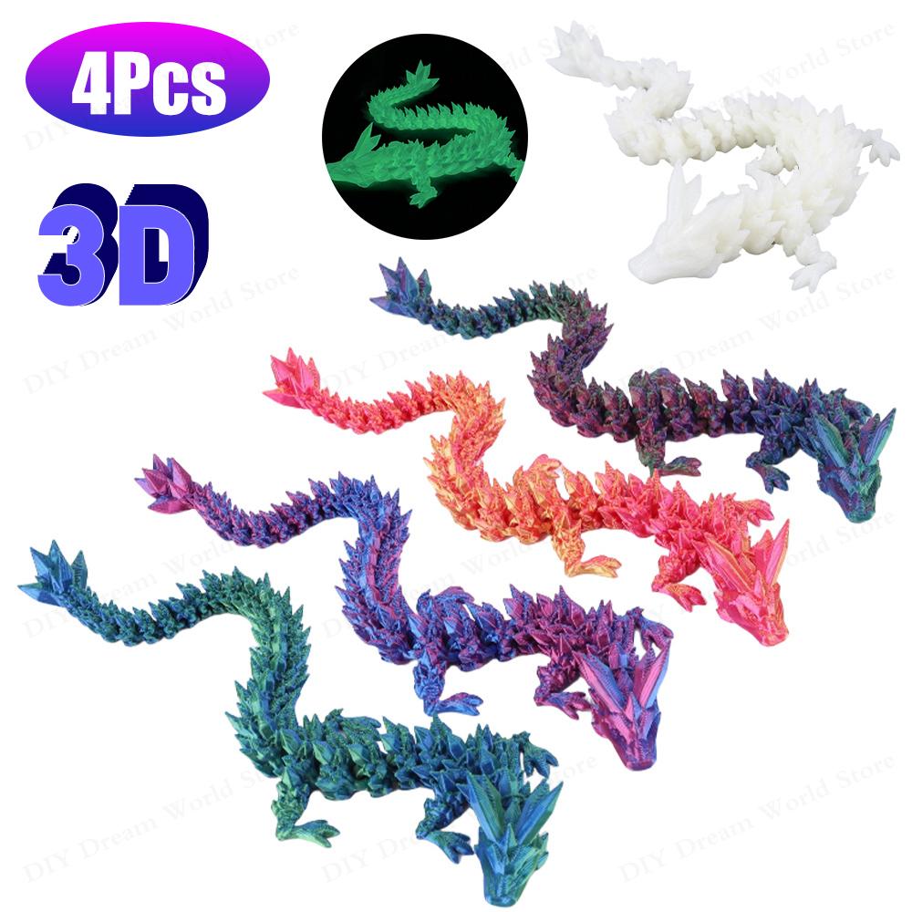4PCS 3D Printed Gem Dragon Rotatable Articulated Dragon Crystal Figures Action Toy Desktop Ornament Birthday Gifts for Kids