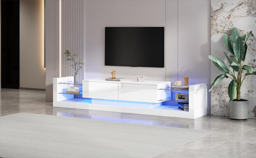 High-Gloss TV Cabinet with LED Lighting, 181 cm – For TVs up to 80 Inches, Glass Front, Two Folding Drawers