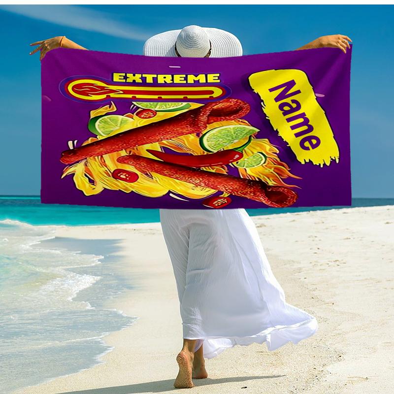 Custom Name Ultra-Soft Beach Towel with Takis Fuego Theme,Ideal for Pool - Camping, Diving - Perfect Travel Essential, Vibrant Beach Towel.