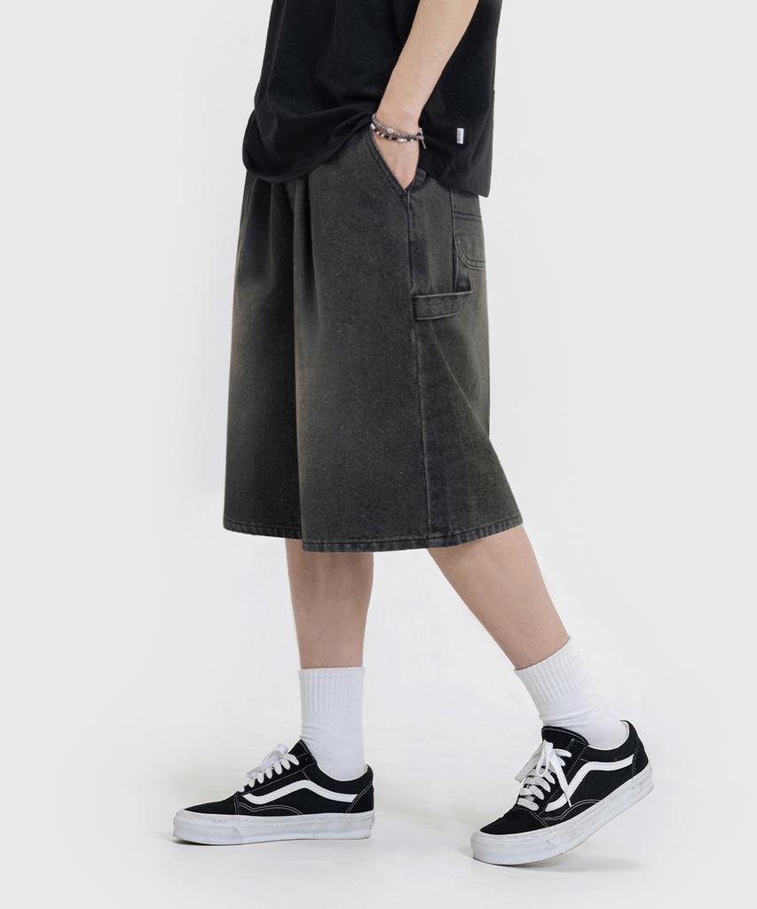 LEMAIN SECOND Bermuda Wide One-Pleat Carpenter Denim Elastic Shorts [Black Denim]