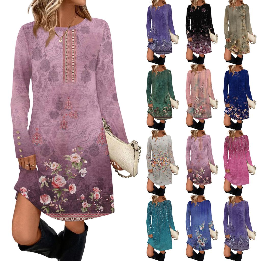 Women's Fashion Casual Dress With Pocket Decorative Buttons, Round Neck And Long Sleeves