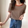 Summer Short Sleeve Striped T-Shirts Women Knitted Basic Casual Tops Female Cozy Loose Cotton Tees 2022 Harajuku O-Neck Shirt