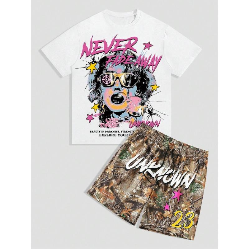 Мужская повседневная летняя футболка с круглым вырезом, рисунком в виде персонажей мультфильмов и букв, короткими рукавами и шортами на завязках