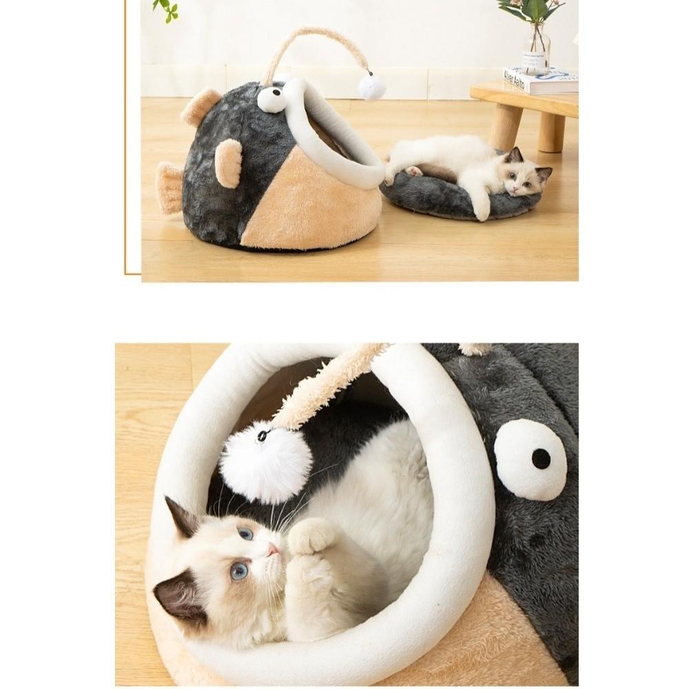 Теплая кровать для кошки в виде рыбы-фонаря, мультяжная пещера, кровати для кошек, милая кровать для сна питомца, четыре сезона