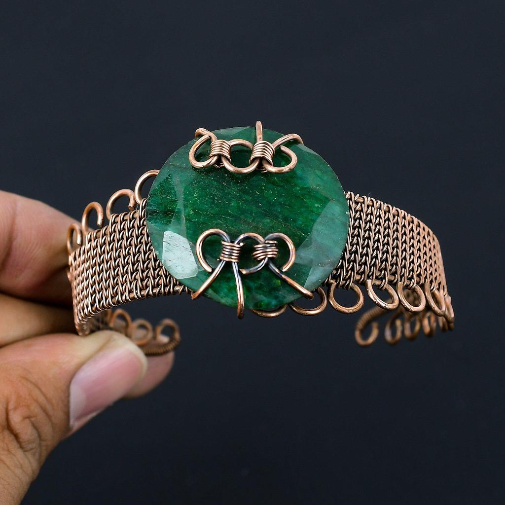 Lab-Created Emerald Gemstone Pure Copper Wire Wrapped Handmade Cuff/ Bangle Jewelry