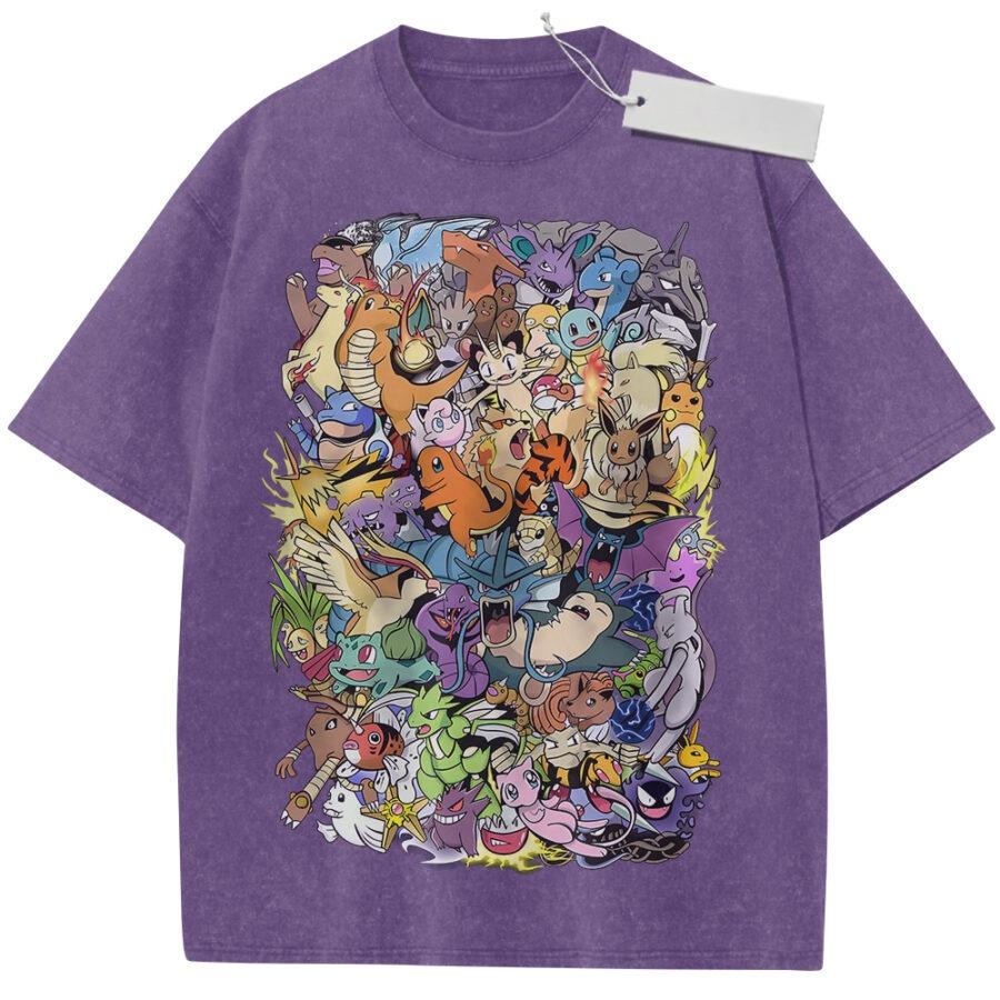 Vintage Washed Tshirt Pokemon Anime Characters Oversized Print Streetwear Fashion Casual Daily Wear Party Campus