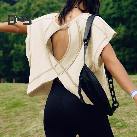 Женская беговая футболка с круглым вырезом и коротким рукавом, открытая спина, спортивный топ свободного кроя, однотонные повседневные топы для спортзала