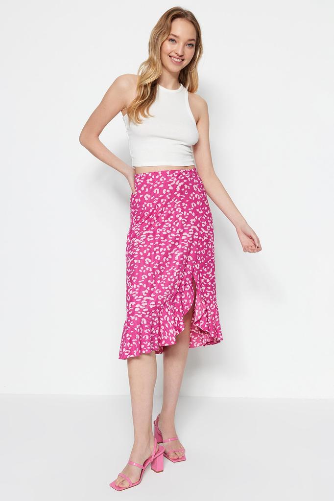 Women's Fashion Purple Printed High Waist Midi Stretchy Knitted Skirt with Gather Detail and Flounce