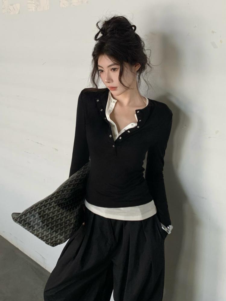 Корейский шикарный дизайн, поддельные две части, длинные рукава, рубашка для женщин, осень 2024, новые элегантные универсальные облегающие базовые топы для похудения, зима