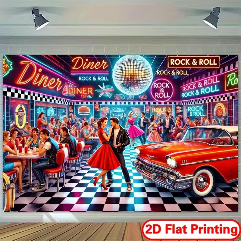 2D Vintage 1950s Diner Backdrop Rock & Roll Party Photo Background Cloth
