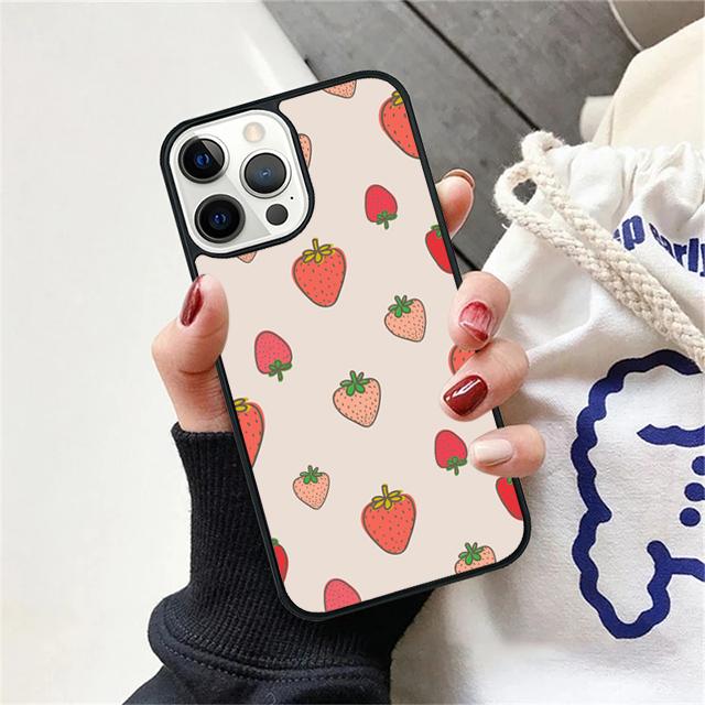 Розовый чехол-бампер с рисунком клубники для iPhone 17 Air 15 16 14 13 12 Pro Max 11 Pro Max Plus